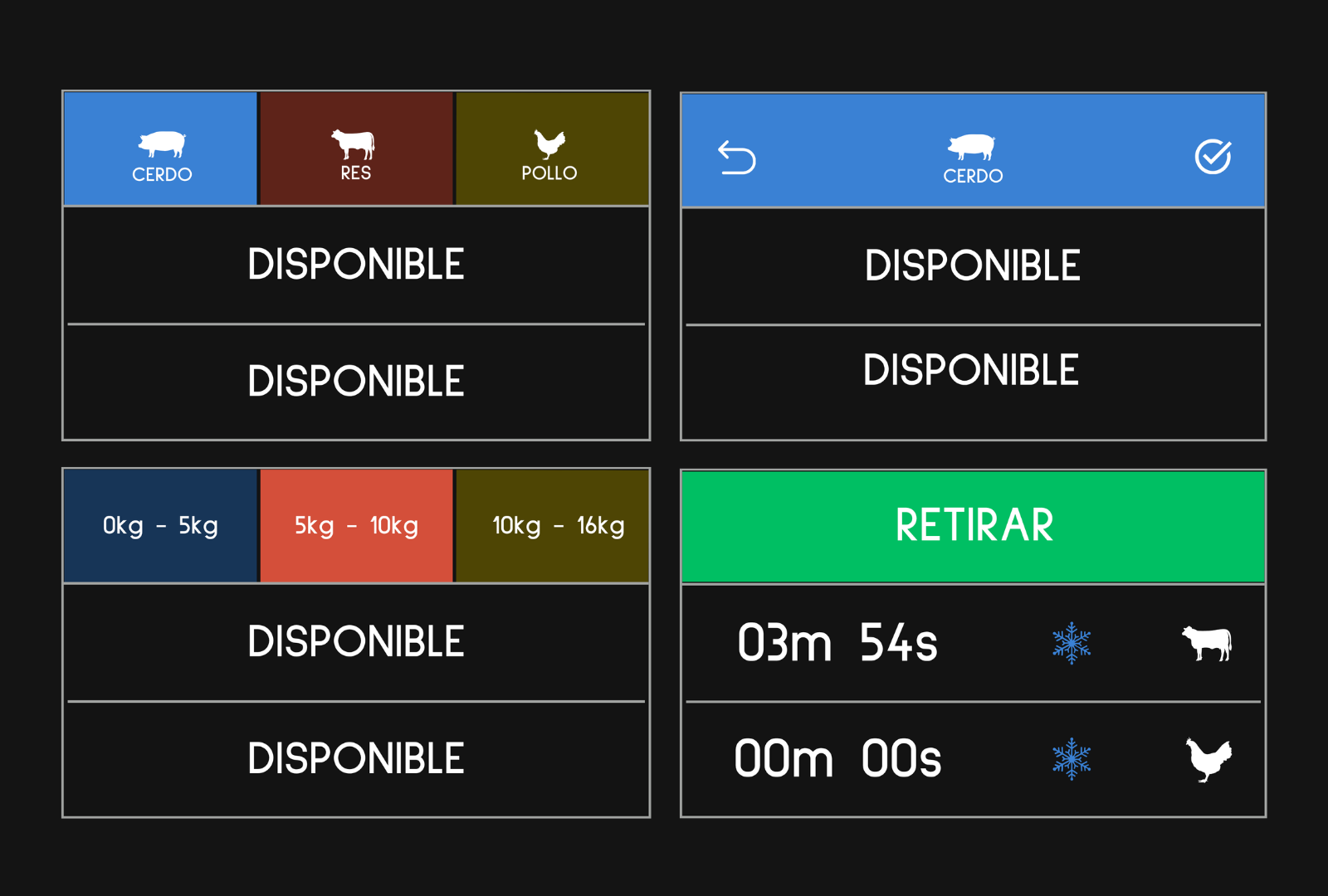 Prototipo de la interfaz de ARTIK·O en Canva: pantallas para elegir la carne, el peso, confirmar y retirar